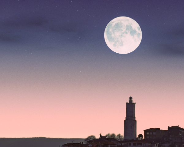 Bright full Moon in a purple night sky above a city and lighthouse.