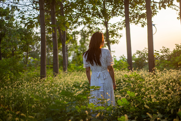 Woman standing in a forest surrounded by sunlight and nature